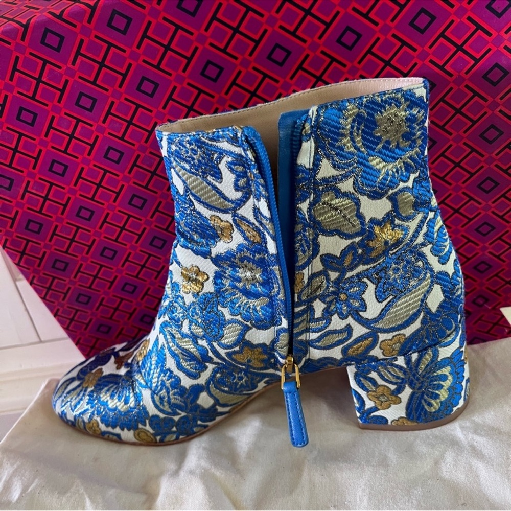 Tory Burch Blue and Gold Floral brocade Ankle Boots 10 - Picture 7 of 11